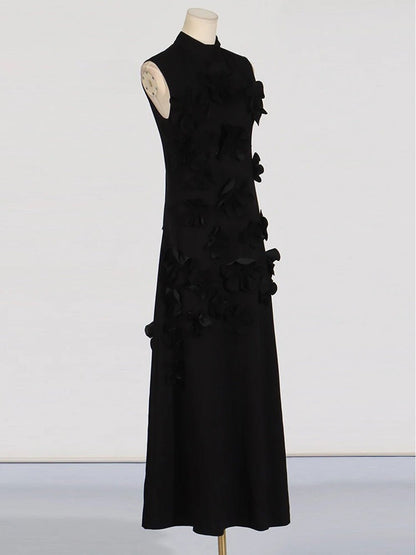 Mock Neck Sleeveless 3D Floral Applique Column Maxi Dress