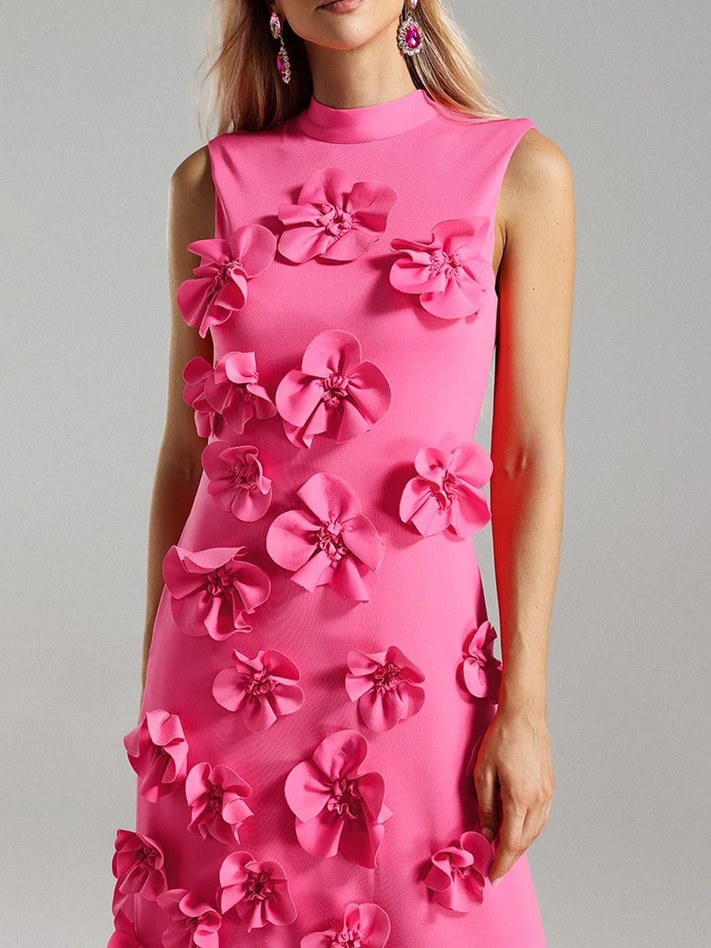 Mock Neck Sleeveless 3D Floral Applique Column Maxi Dress