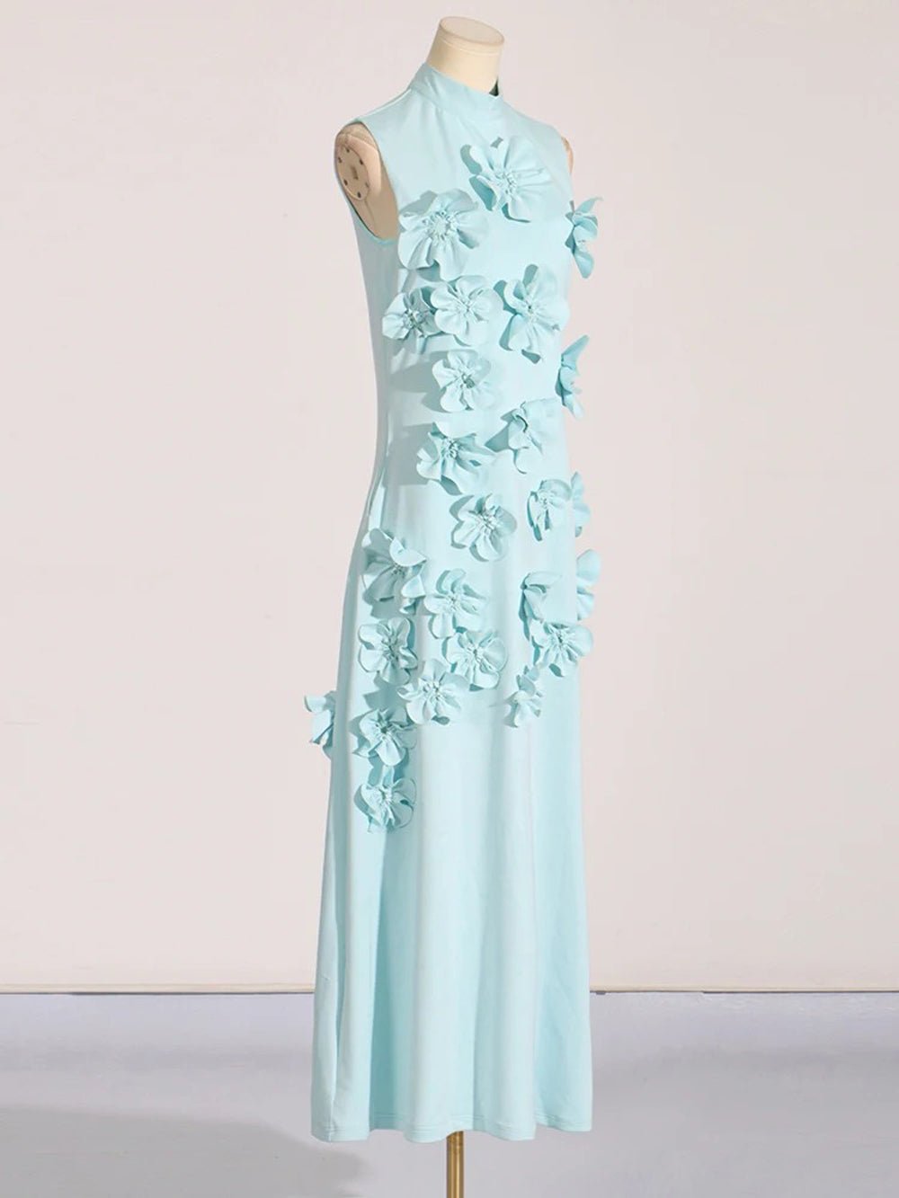 Mock Neck Sleeveless 3D Floral Applique Column Maxi Dress