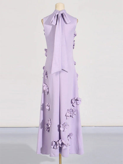 Mock Neck Sleeveless 3D Floral Applique Column Maxi Dress