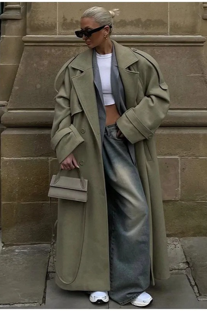 Scarf Accent Woolen Chic Long Overcoat