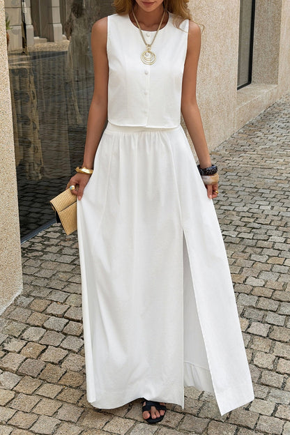 Minimalist Solid Crew Neck Maxi Skirt Set