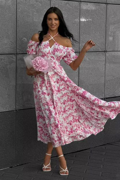Off Shoulder Tie Waist Slit Floral Dress