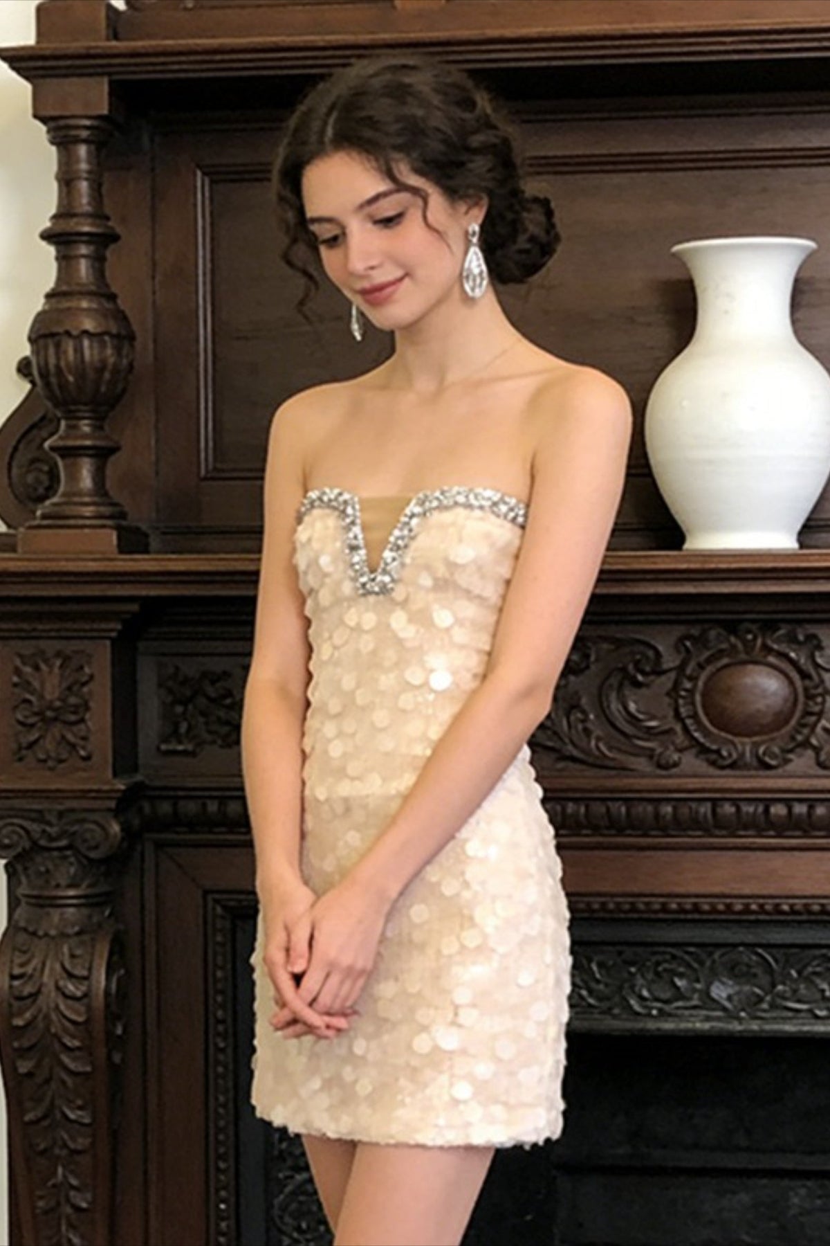 French Sequin Strapless Mini Graduation Party Dress