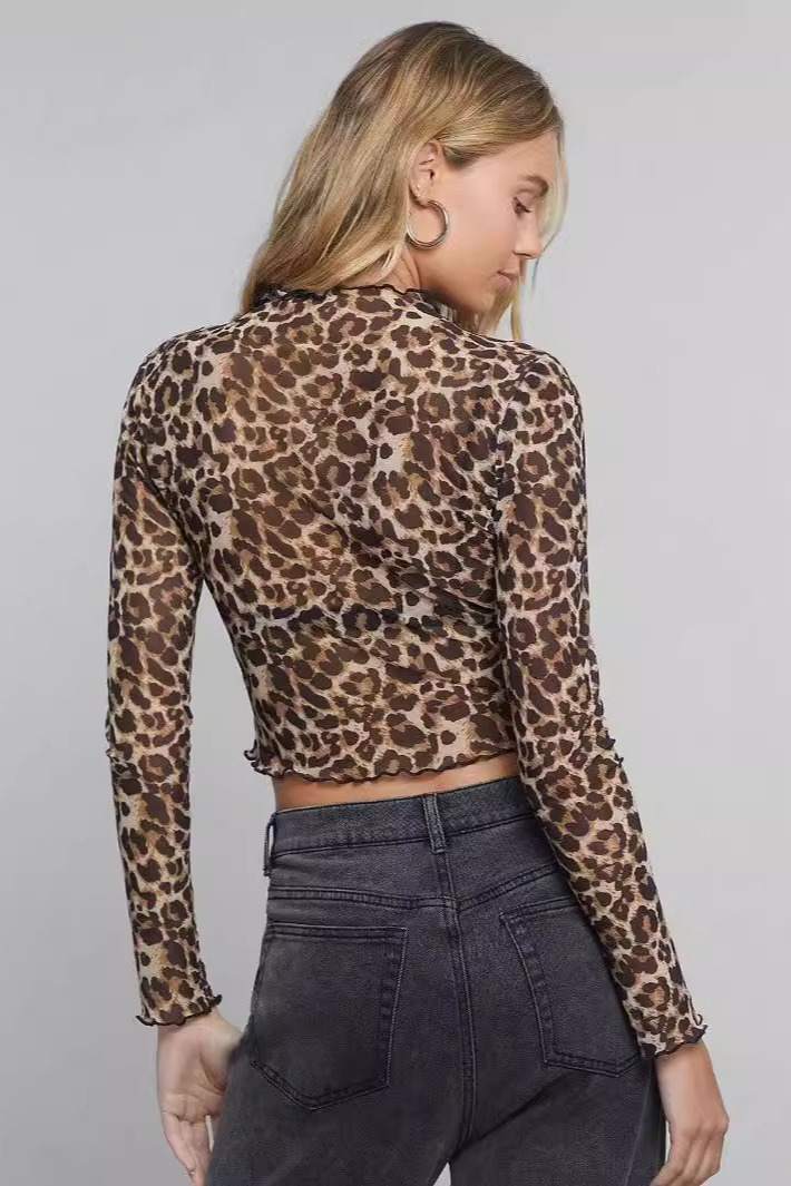 Leopard Print Stand Collar Mesh Elegant Crop Top