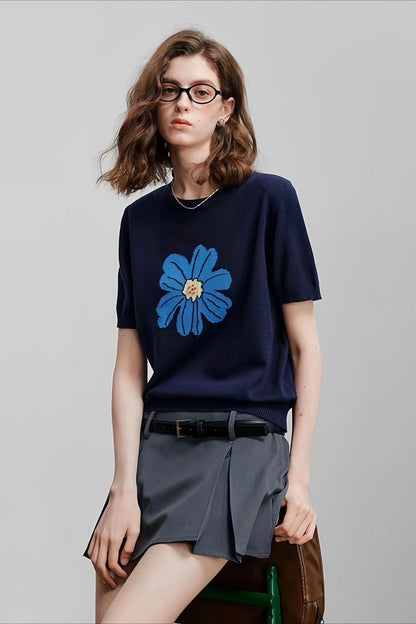 Botanical Print Round Neck Knit Top