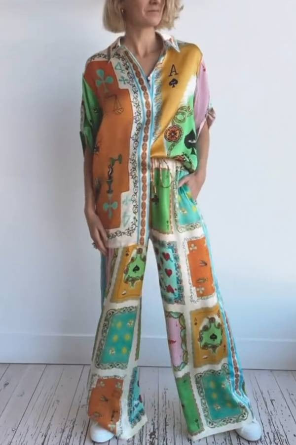 Funny Poker Summer Satin Unique Print Elastic Waist Pocketed Wide Leg Pants