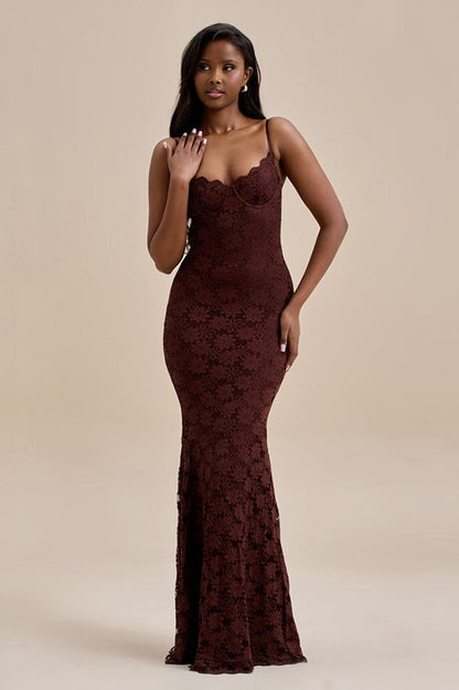 Spaghetti Strap Sweetheart Lace Bustier Mermaid Maxi Dress
