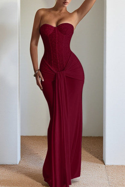 Sequin Strapless Corset Sweetheart Draped Knot Waist Formal Maxi Gown