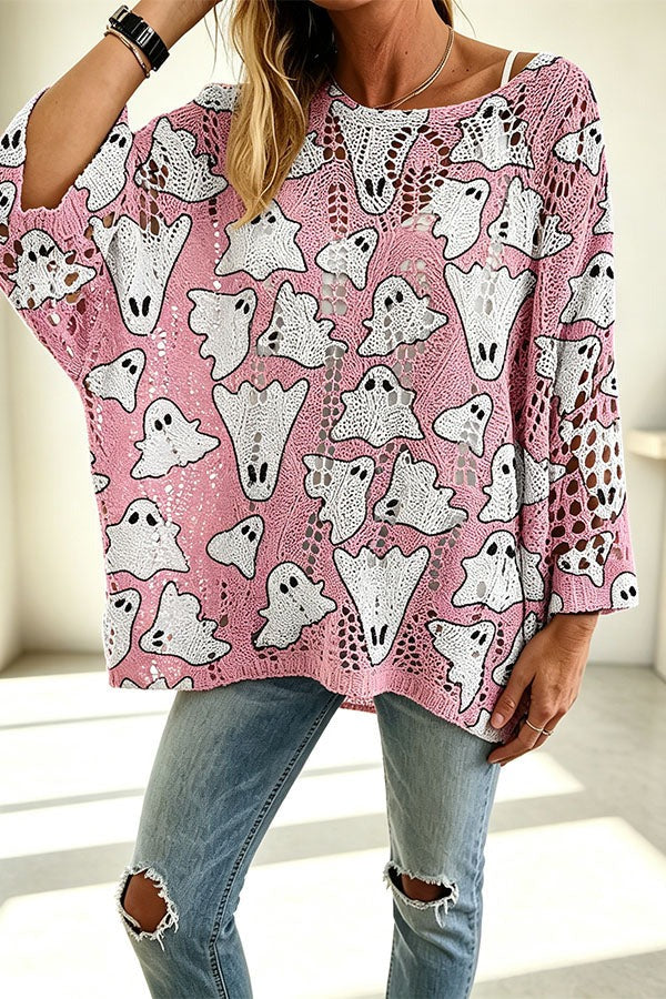 Halloween Pumpkin & Bat Hollow Out Knit Oversized Sweater