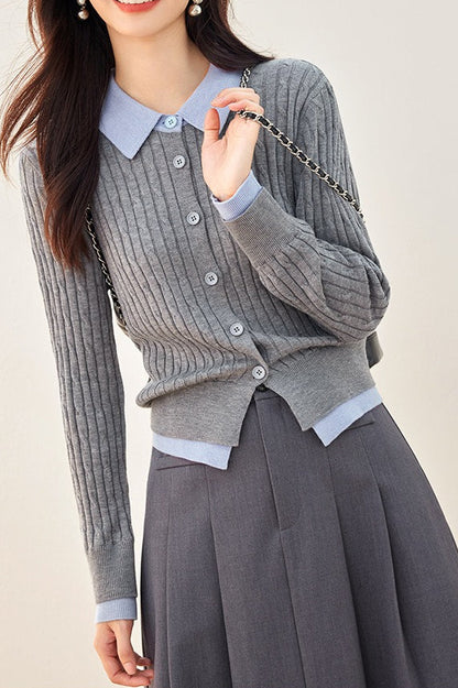 Ribbed Polo Layered Cardigan