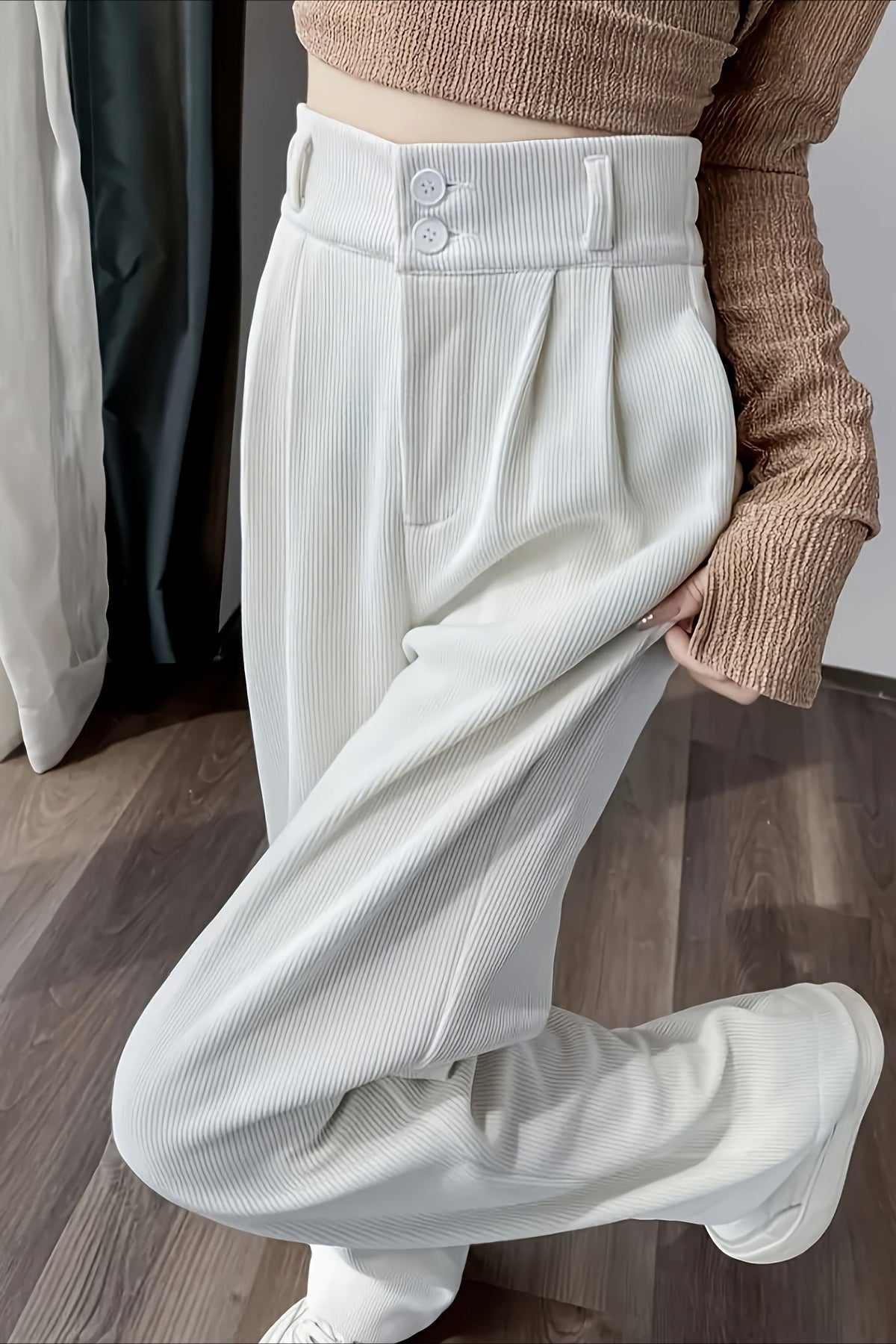 Solid Corduroy Wide Leg Knit Pants