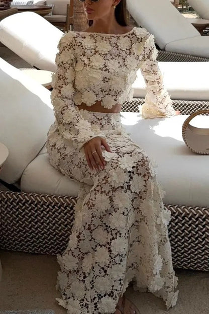Stylish Long-sleeved Backless Lace Top and Elegant Openwork Maxi Fishtail Skirt Set