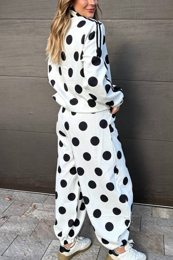 Napoleon Colorblock Polka Dot Zipper High Neck Chinese Style Buttons Pocket Sporty Jacket