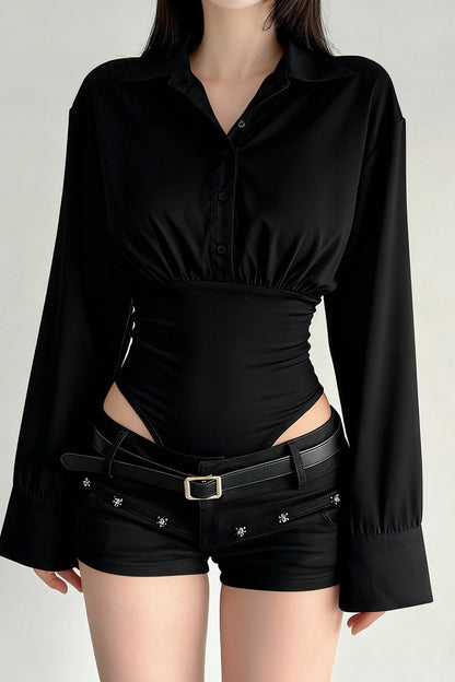 Polo Shirt Paneled Solid Slim Waist Cinching Bodysuit