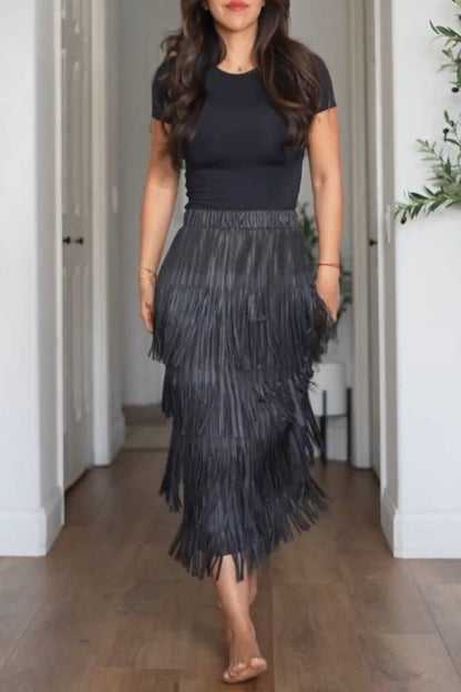 FRINGED MIDI SKIRT