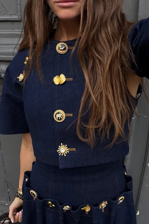 Custom Look Denim Unique Metal Pattern Buttons Slit Half Sleeve Crop Jacket