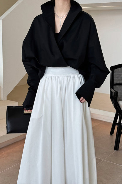 Structured Oversized Lapel V Neck White Blouse