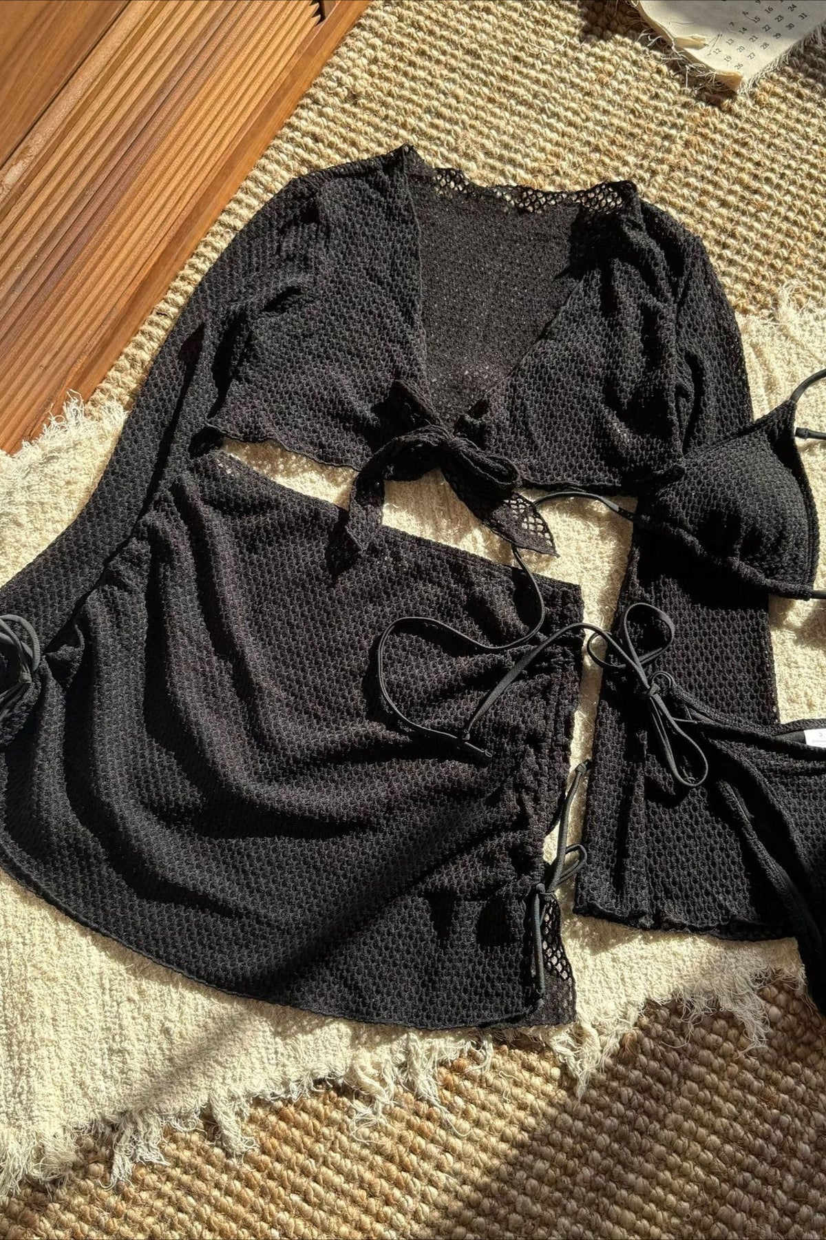 Solid Ruched Mesh Four Piece Swim Set
