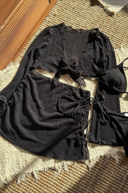 Solid Ruched Mesh Four Piece Swim Set