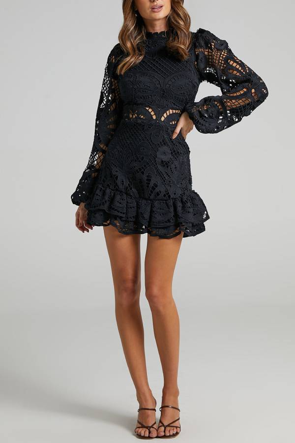 Multi-Color Cutout Lace Puff Sleeve Ruffle Hem Mini Dress
