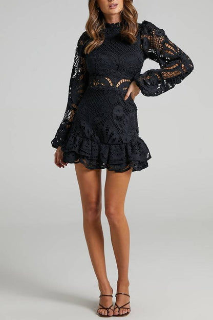 Multi-Color Cutout Lace Puff Sleeve Ruffle Hem Mini Dress