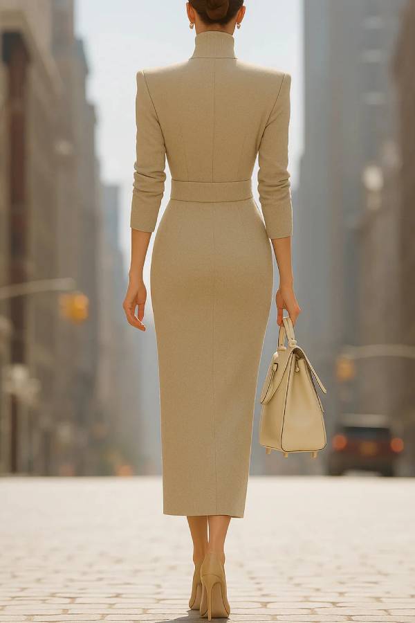 Stand Collar Waist And Slit Dress