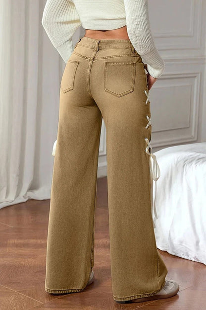 Fashionable Denim Mid Rise Side Ribbon Lace-up Pocket Wide Leg Jeans