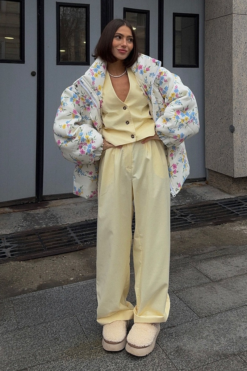 Printed Quilted Stand Collar Coat