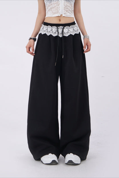 Lace Insert Ruffle Wide Leg Pants