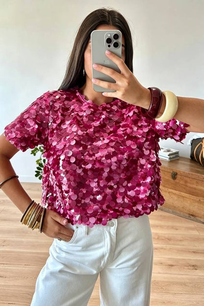 Clarisse Sequin Short Sleeve Back Slit Open Back Loose Top