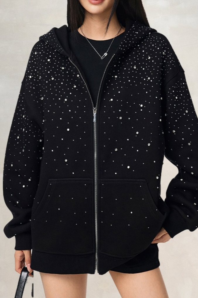 Trendy Rhinestone Air Layer Zip Black Oversized Hoodie