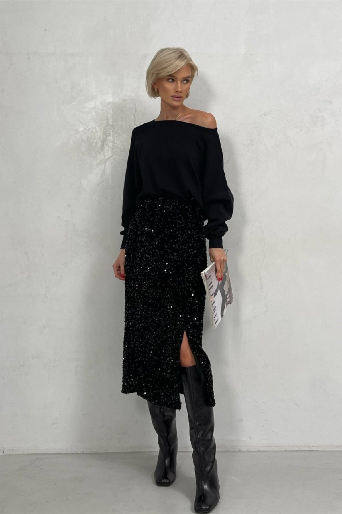 Sequin High Waist Slit Bodycon Midi Skirt