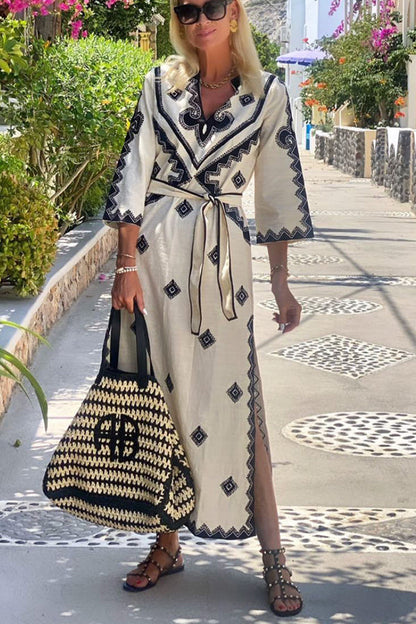 Ethnic Print V-Neck Three Quarter Sleeve Tie Waist Maxi Dress