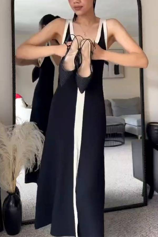 Color-Blocked Deep V-Neck Strappy Maxi Dress
