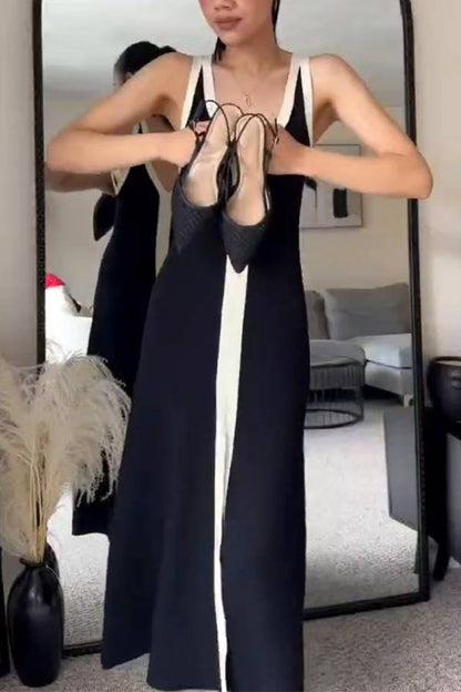 Color-Blocked Deep V-Neck Strappy Maxi Dress