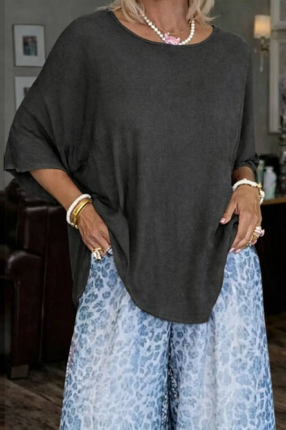 Solid Batwing Sleeve Top & Gradient Blue Leopard Wide Leg Pant Two-Piece Set
