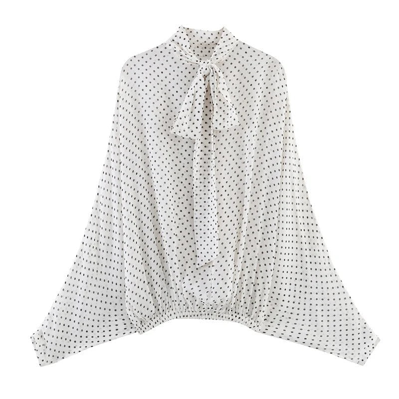 Seraphina Flowing Lantern-Sleeve Polka Dot Blouse