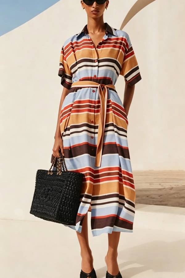 Josephine Colorful Stripes Button Up Wide Sleeve Belt Pocket Shirt Midi Dress