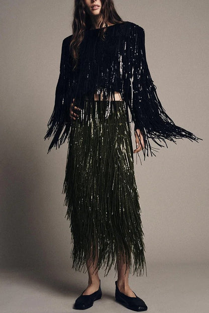 Stylish Sequined Tassel Elegant Midi Skirt