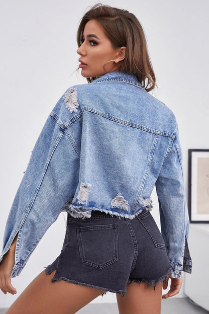 Distressed Raw Hem Denim Jacket