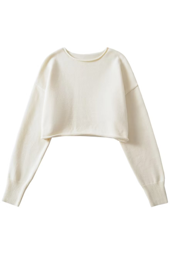 Round Neck Solid Color Loose Casual Long Sleeve Super Short Knitted Sweater