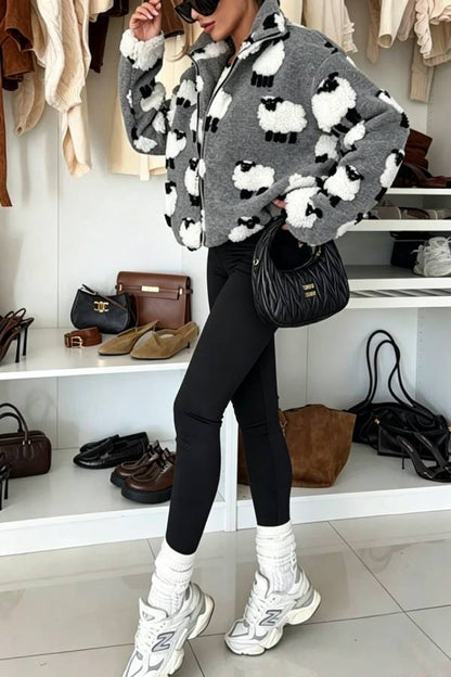 Playful Lamb Pattern Teddy Bear Fleece Material Contrast Color Long Sleeve Pocket Zipper Coat