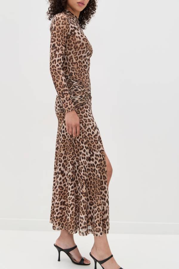 Retro leopard print high collar slim floor-length dress