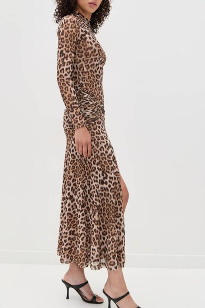 Retro leopard print high collar slim floor-length dress