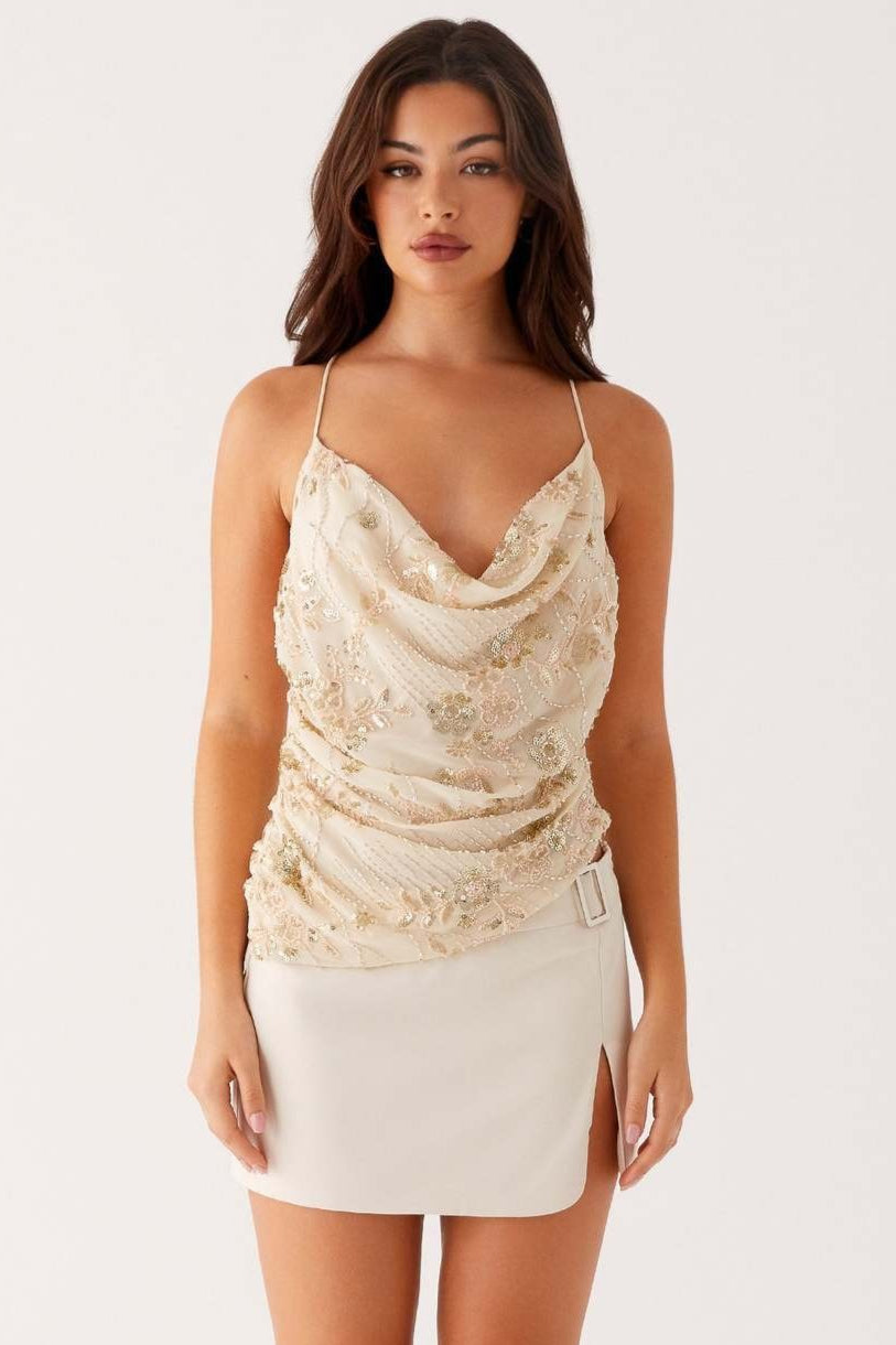 Printed Sequin Back Tie Tank Top