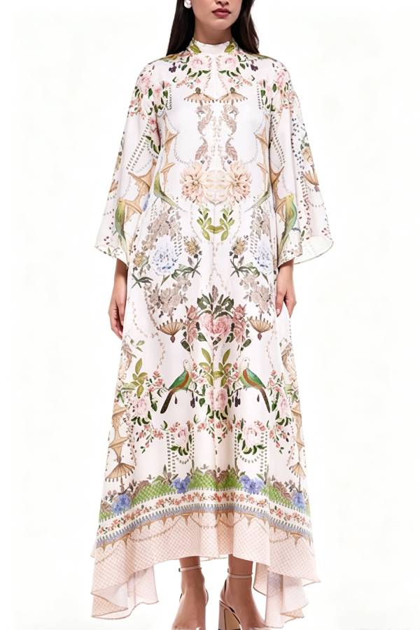 Serene Refinement Unique Art Printed High Tie-up Neck Bell Sleeve Kaftan Maxi Dress