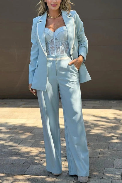 Timeless Essence Color Block Trim Button Up Long Sleeve Lapel Blazer