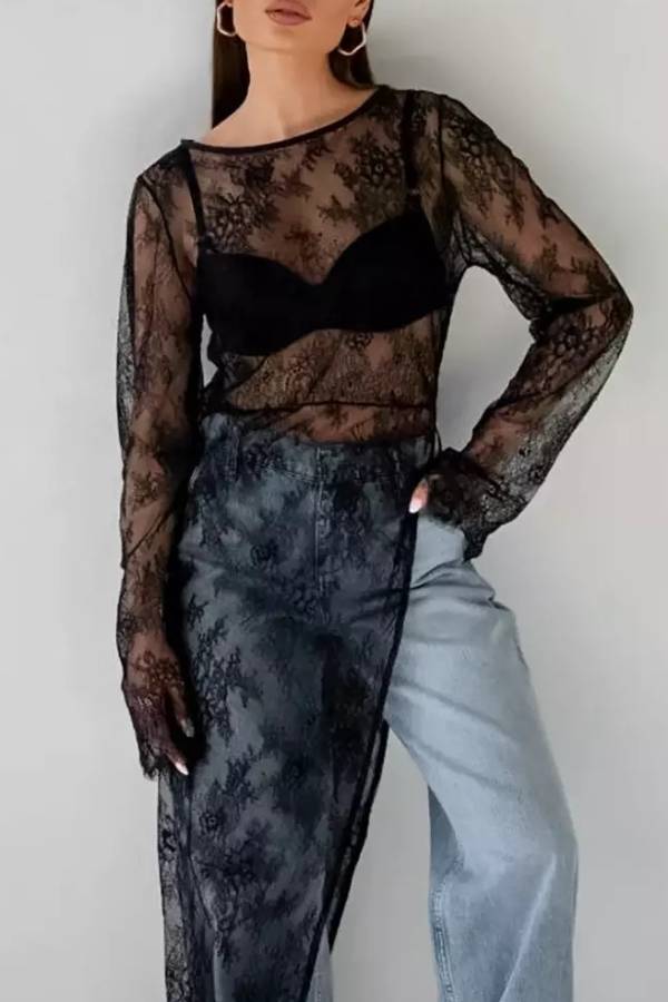Sheer Lace Round Neck Slit Maxi Dress