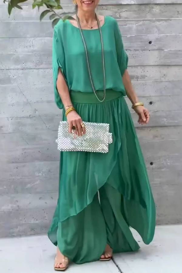 Top slit wide-leg pants chiffon casual suit